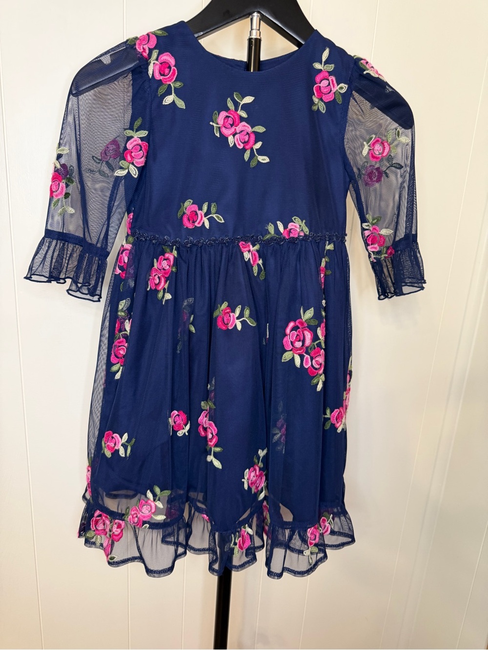 Laura Ashley Navy Dress with Pink Rose Embroidery
